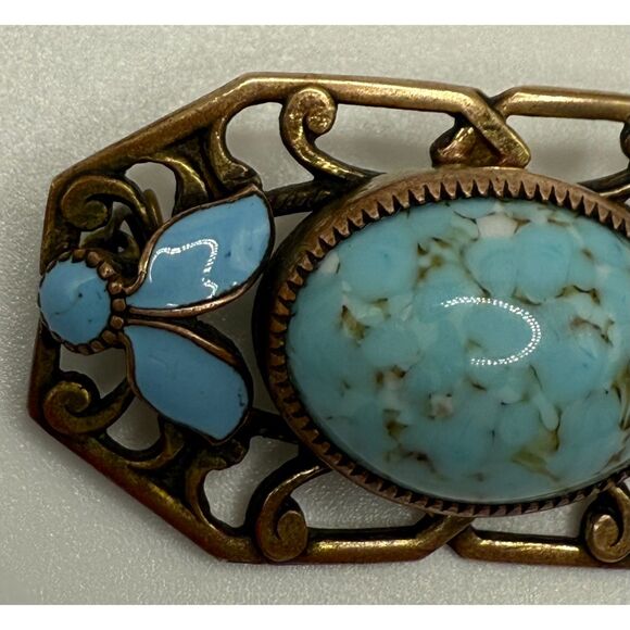 Turquoise brass brooch vintage source unknown - Picture 10 of 13